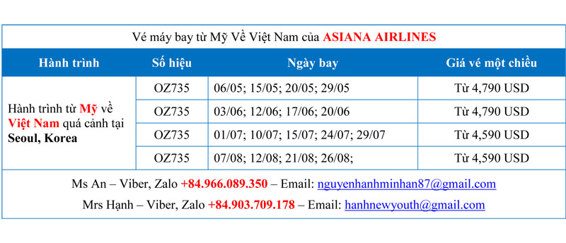 Thông tin về vé máy bay từ Mỹ về Việt Nam của Asiana Airlines
