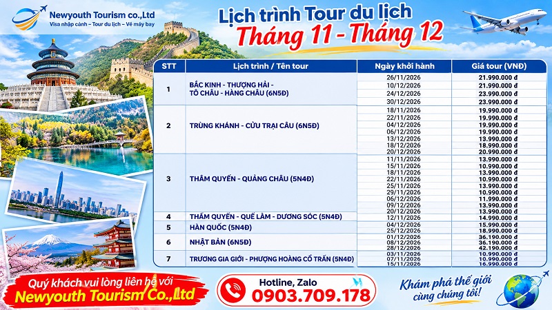 Lịch khởi hành Tour du lịch quốc tế tháng 11 & 12/2026