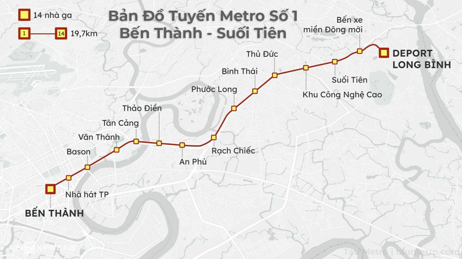 Bản đồ tuyến Metro số 1 (Bến Thành – Suối Tiên)