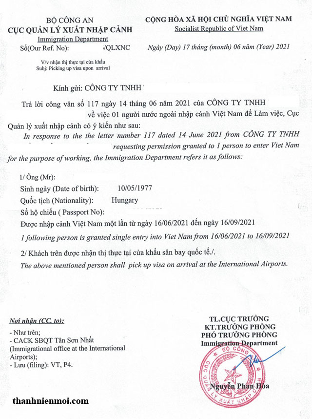 Mẫu công văn nhập cảnh Việt Nam (Vietnam visa approval letter)
