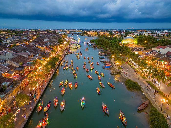 A panoramic view of Hoi An Ancient Town at sunset from above