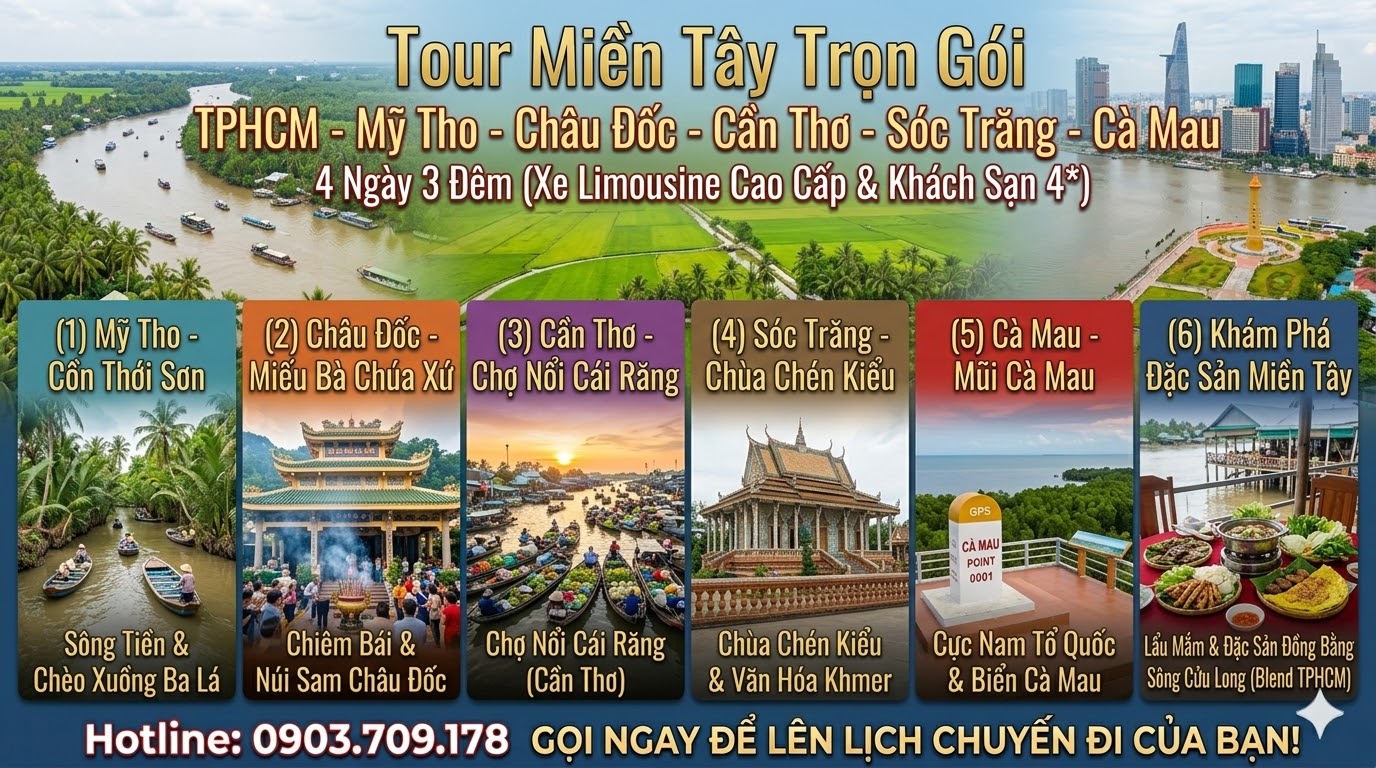 Tour miền tây: TPHCM - Mỹ Tho - Châu Đốc - Cần Thơ - Sóc Trăng - Cà Mau