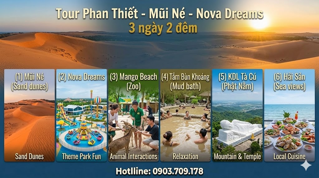 Tour Phan Thiết - Mũi Né - Nova Dreams - Mango Beach - Tắm Bùn Khoáng - KDL Tà Cú